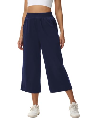 HMIYA Damen 3/4 Culotte Hose leicht Sommerhose aus Baumwolle Jogginghose mit Taschen,Navy,L von HMIYA