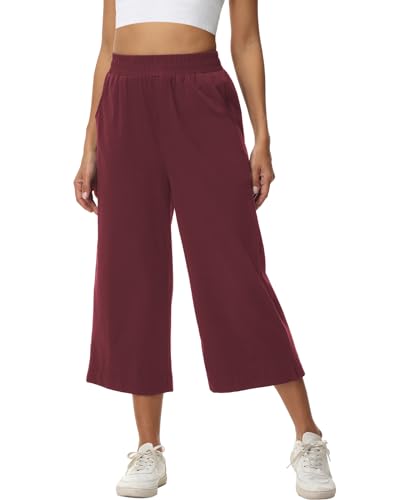 HMIYA Damen 3/4 Culotte Hose leicht Sommerhose aus Baumwolle mit Taschen,Tiefrot,M von HMIYA