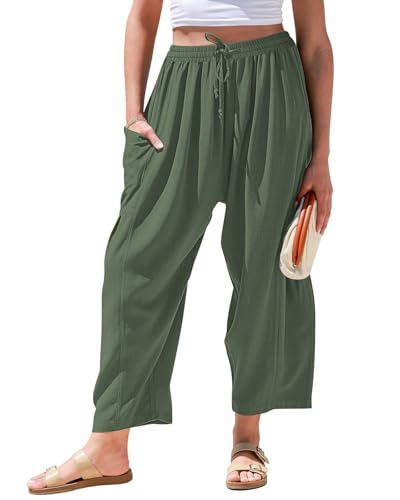 HMIYA Damen Leinenhose 3/4 Sommer Culotte Leichte Casual Leinen Hose Weites Bein Sommerhose mit Tasche,Dunkelgrün,L von HMIYA