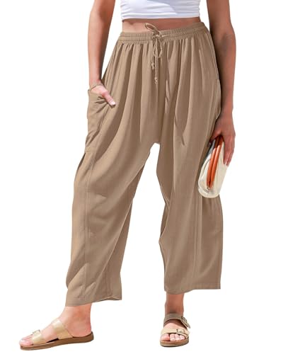HMIYA Damen Leinenhose 3/4 Sommer Culotte Leichte Casual Leinen Hose Weites Bein Sommerhose mit Tasche,Kaffeebraun,L von HMIYA