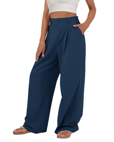 HMIYA Damen Leinenhose - Weites Bein Sommerhose lässig locker mit Taschen Stoffhose,Navy,M von HMIYA