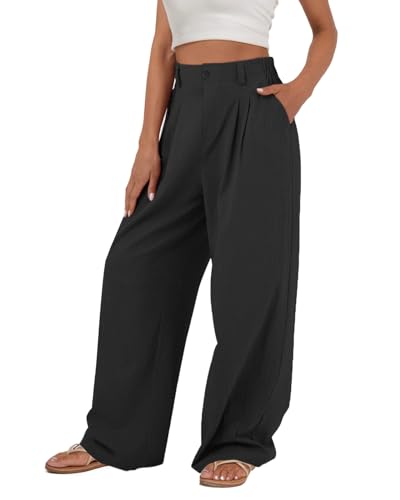 HMIYA Damen Leinenhose - Weites Bein Sommerhose lässig locker mit Taschen Stoffhose,Schwarze,XL von HMIYA