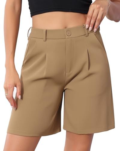 HMIYA Damen Shorts Bermuda Kurze Hose Leichte High Waist Lässig Sommer Shorts mit Taschen,Khaki,M von HMIYA