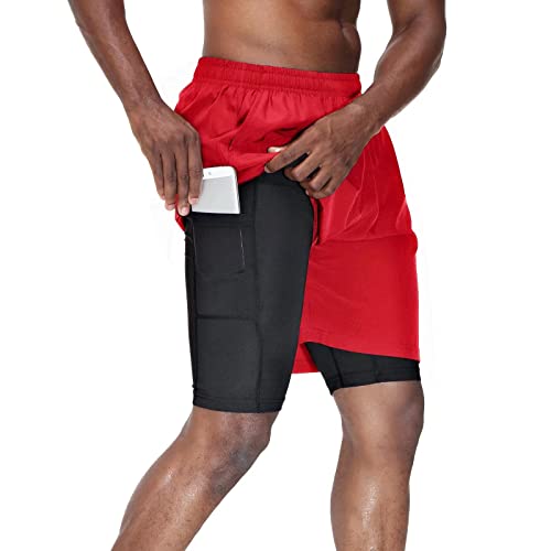 HMIYA Herren 2 in 1 Shorts Fitness Sporthose Kurz Jogginghose Schnelltrocknende Laufhose mit Kompressionsshorts und Taschen Reißverschlussfach(Rot,EU-XL/US-L) von HMIYA