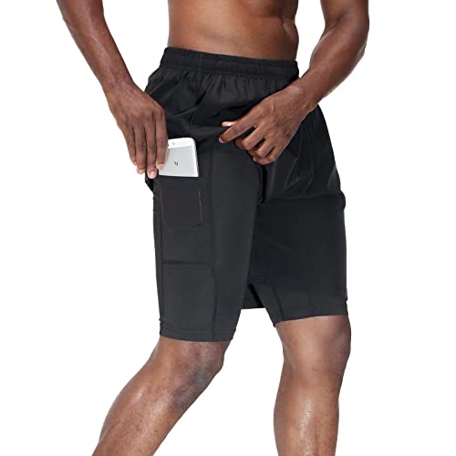 HMIYA Herren 2 in 1 Shorts Fitness Sporthose Kurz Jogginghose Schnelltrocknende Laufhose mit Kompressionsshorts und Taschen Reißverschlussfach(Schwarz,EU-L/US-M) von HMIYA