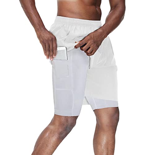 HMIYA Herren 2 in 1 Shorts Fitness Sporthose Kurz Jogginghose Schnelltrocknende Laufhose mit Kompressionsshorts und Taschen Reißverschlussfach(Weiß,EU-2XL/US-XL) von HMIYA