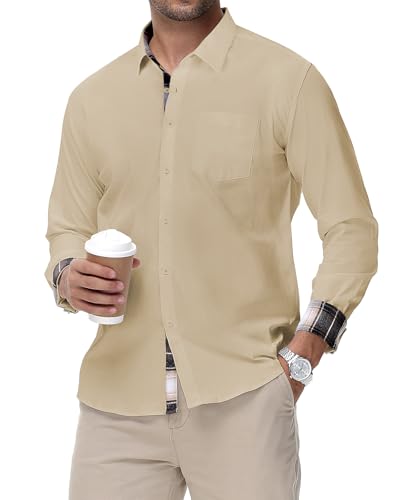 HMIYA Herren Baumwolle Hemd Langarm Stretch Herrenhemd Karokragen Regular Fit Businesshemd Bügelleichtes Freizeithemd,Beige,4XL von HMIYA