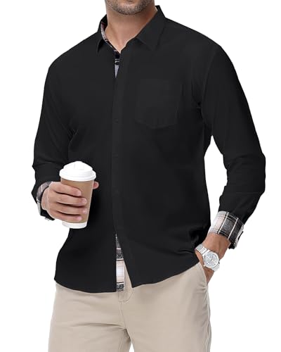 HMIYA Herren Baumwolle Hemd Langarm Stretch Herrenhemd Karokragen Regular Fit Businesshemd Bügelleichtes Freizeithemd,Schwarz,XXL von HMIYA
