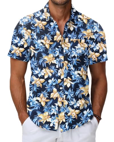 HMIYA Herren Hawaii Hemd Männer 100% Baumwolle Unisex Kurzarm Vordertasche Button Down Sommer Freizeit Urlaub Strand von HMIYA