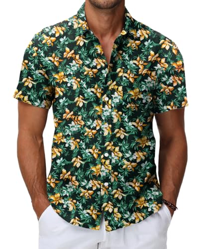 HMIYA Herren Hawaii Hemd Männer 100% Baumwolle Unisex Kurzarm Vordertasche Button Down Sommer Freizeit Urlaub Strand von HMIYA