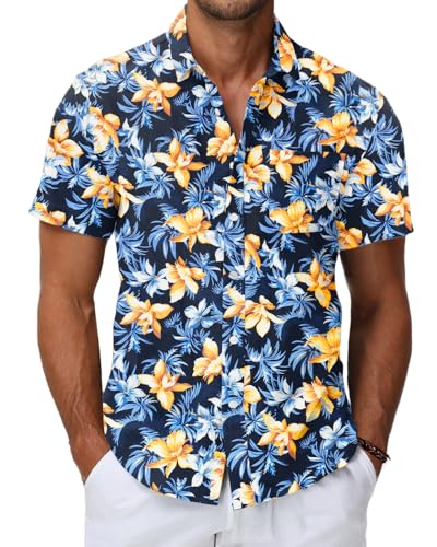 HMIYA Herren Hawaii Hemd Männer 100% Baumwolle Unisex Kurzarm Vordertasche Button Down Sommer Freizeit Urlaub Strand von HMIYA