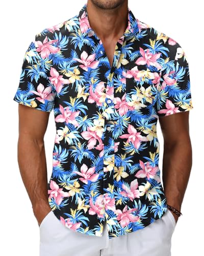 HMIYA Herren Hawaii Hemd Männer 100% Baumwolle Unisex Kurzarm Vordertasche Button Down Sommer Freizeit Urlaub Strand von HMIYA