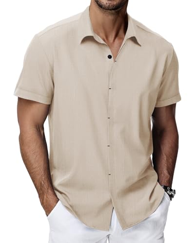 HMIYA Herren Hemd Baumwolle Hemd Sommer Freizeithemd Businesshemd Regular Fit Kurzarmhemd,Beige,L von HMIYA