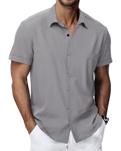 HMIYA Herren Hemd Baumwolle Hemd Sommer Freizeithemd Businesshemd Regular Fit Kurzarmhemd,Hellgrau,XL von HMIYA