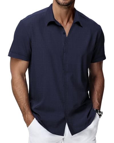 HMIYA Herren Hemd Baumwolle Hemd Sommer Freizeithemd Businesshemd Regular Fit Kurzarmhemd,Tiefblau,L von HMIYA