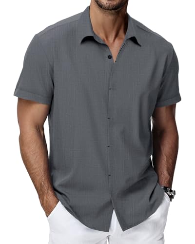 HMIYA Herren Hemd Kurzarmhemd Baumwolle Hemd Sommer Freizeithemd Regular Fit Businesshemd,Dunkelgrau,XL von HMIYA