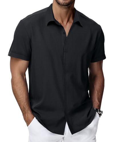 HMIYA Herren Hemd Kurzarmhemd Baumwolle Hemd Sommer Freizeithemd Regular Fit Businesshemd,Schwarz,XL von HMIYA