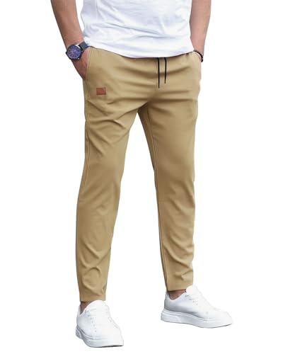 HMIYA Herren Hose Chino Cargo Jogginghose Herren Baumwolle Sporthose Casual Freizeithose Elastische Taille mit Kordelzug Sweatpants Herren mit 4 Taschen(Khaki,L) von HMIYA