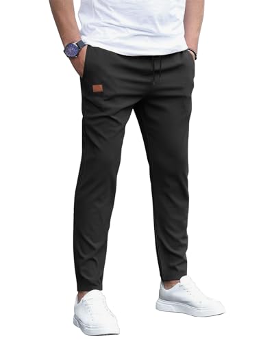 HMIYA Herren Hose Chino Cargo Jogginghose Herren Baumwolle Sporthose Casual Freizeithose Elastische Taille mit Kordelzug Sweatpants Herren mit Taschen(Schwarz,XXL) von HMIYA