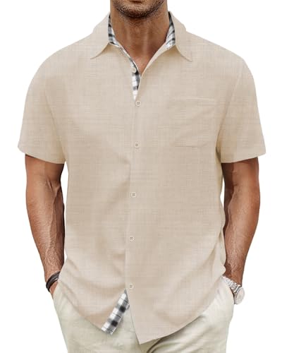 HMIYA Herren Kurzarm Hemd 100% Baumwolle Button Down Freizeithemden Sommer Strand Regular Fit Shirt,Apriksfarbe,XL von HMIYA