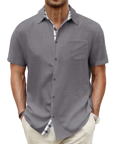 HMIYA Herren Kurzarm Hemd 100% Baumwolle Button Down Freizeithemden Sommer Strand Regular Fit Shirt,Grau,M von HMIYA