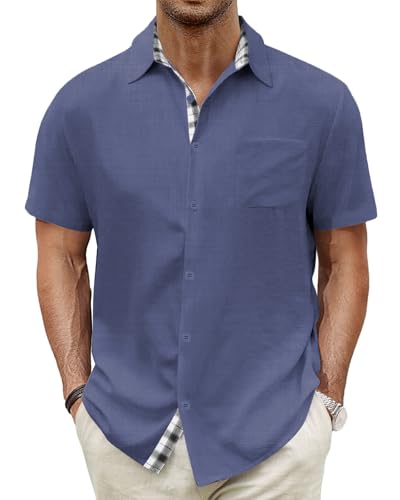 HMIYA Herren Kurzarm Hemd 100% Baumwolle Button Down Freizeithemden Sommer Strand Regular Fit Shirt,Mittelblau,M von HMIYA