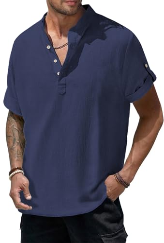 HMIYA Herren Kurzarm Hemd 100% Baumwolle Button Down Sommerhemd Freizeithemd Regular Fit Casual Beach Shirt von HMIYA