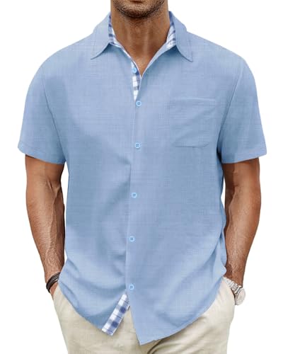 HMIYA Herren Kurzarm Hemd Baumwolle Button Down Freizeithemden Sommer Strand Regular Fit Shirt,Blau,XL von HMIYA