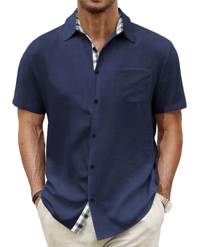 HMIYA Herren Kurzarm Hemd Baumwolle Button Down Freizeithemden Sommer Strand Regular Fit Shirt,Dunkelblau,3XL von HMIYA