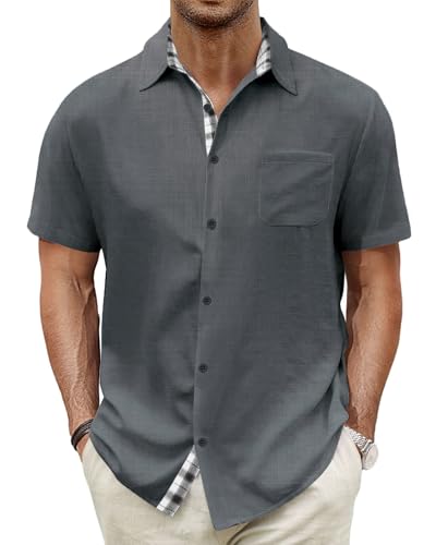 HMIYA Herren Kurzarm Hemd Baumwolle Button Down Freizeithemden Sommer Strand Regular Fit Shirt,Dunkelgrau,2XL von HMIYA