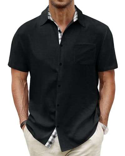 HMIYA Herren Kurzarm Hemd Baumwolle Button Down Freizeithemden Sommer Strand Regular Fit Shirt,Schwarz,L von HMIYA