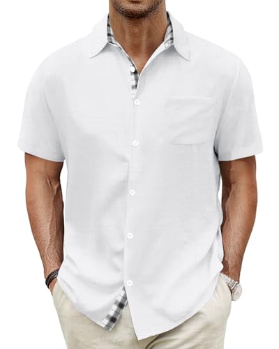 HMIYA Herren Kurzarm Hemd Baumwolle Button Down Freizeithemden Sommer Strand Regular Fit Shirt,Weiß,3XL von HMIYA