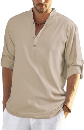 HMIYA Herren Sommerhemd Baumwolle Leinen Langarm Hemd Herren Henley-Kragen Lässiges Regular Fit Shirts von HMIYA
