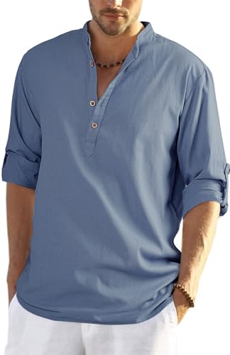 HMIYA Herren Sommerhemd Baumwolle Leinen Langarm Hemd Herren Henley-Kragen Lässiges Regular Fit Shirts von HMIYA