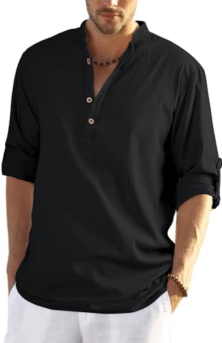 HMIYA Herren Sommerhemd Baumwolle Leinen Langarm Hemd Herren Henley-Kragen Lässiges Regular Fit Shirts von HMIYA