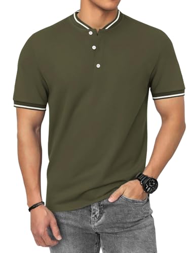 HMIYA Poloshirt Herren Kurzarm Atmungsaktiv Baumwolle Sommer Henley Knopfleiste Kontrastierender Einfassung Basic Golf T-Shirts von HMIYA