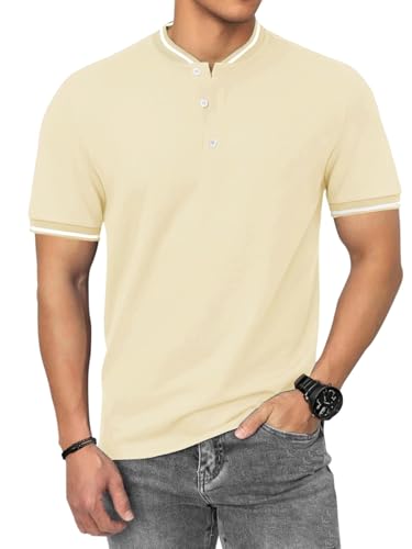 HMIYA Poloshirt Herren Kurzarm Atmungsaktiv Baumwolle Sommer Henley Knopfleiste Kontrastierender Einfassung Basic Golf T-Shirts von HMIYA