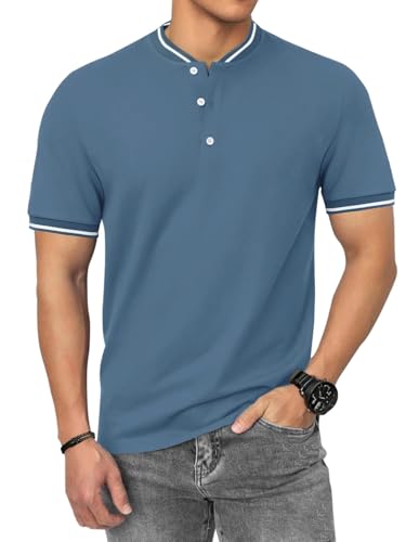 HMIYA Poloshirt Herren Kurzarm Atmungsaktiv Baumwolle Sommer Henley Knopfleiste Kontrastierender Einfassung Basic Golf T-Shirts von HMIYA