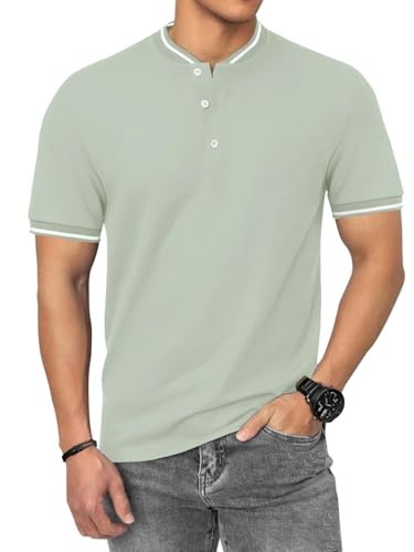 HMIYA Poloshirt Herren Kurzarm Atmungsaktiv Baumwolle Sommer Henley Knopfleiste Kontrastierender Einfassung Basic Golf T-Shirts von HMIYA