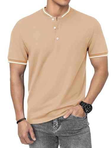 HMIYA Poloshirt Herren Kurzarm Atmungsaktiv Baumwolle Sommer Henley Knopfleiste Kontrastierender Einfassung Basic Golf T-Shirts von HMIYA