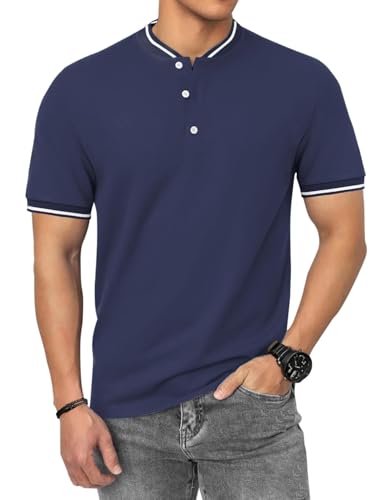 HMIYA Poloshirt Herren Kurzarm Atmungsaktiv Baumwolle Sommer Henley Knopfleiste Kontrastierender Einfassung Basic Golf T-Shirts von HMIYA