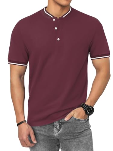 HMIYA Poloshirt Herren Kurzarm Atmungsaktiv Baumwolle Sommer Henley Knopfleiste Kontrastierender Einfassung Basic Golf T-Shirts von HMIYA