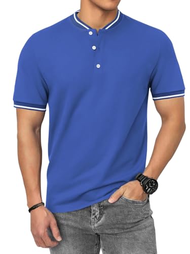 HMIYA Poloshirt Herren Kurzarm Atmungsaktiv Baumwolle Sommer Henley Knopfleiste Kontrastierender Einfassung Basic Golf T-Shirts von HMIYA