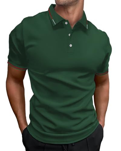 HMIYA Herren Poloshirt-Kontrast Kurzarm Polohemd Male Polo Klassisches,DunkelGrün,4X von HMIYA