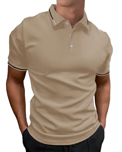 HMIYA Herren Poloshirt-Kontrast Kurzarm Polohemd Male Polo Klassisches,Khaki,3XL von HMIYA