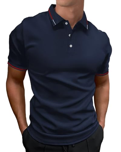 HMIYA Herren Poloshirt-Kontrast Kurzarm Polohemd Male Polo Klassisches,Navy,M von HMIYA