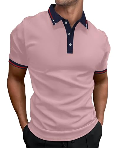 HMIYA Herren Poloshirt-Kontrast Kurzarm Polohemd Male Polo Klassisches,Rosa,XXL von HMIYA