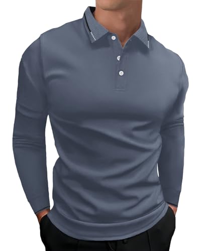 HMIYA Herren Poloshirt Langarm,Baumwolle,bequemes Polo mit lässigem Kragen,leichtes Langarmshirt,Blau,4XL von HMIYA