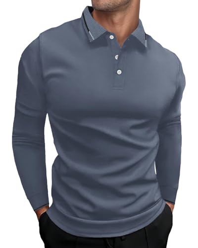 HMIYA Herren Poloshirt Langarm,Baumwolle,bequemes Polo mit lässigem Kragen,leichtes Langarmshirt,Blau,L von HMIYA