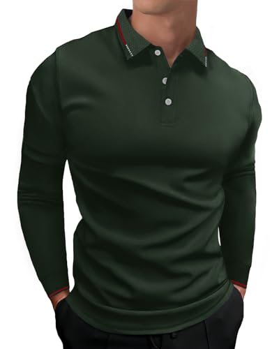 HMIYA Herren Poloshirt Langarm,Baumwolle,bequemes Polo mit lässigem Kragen,leichtes Langarmshirt,Dunkelgrün,3XL von HMIYA